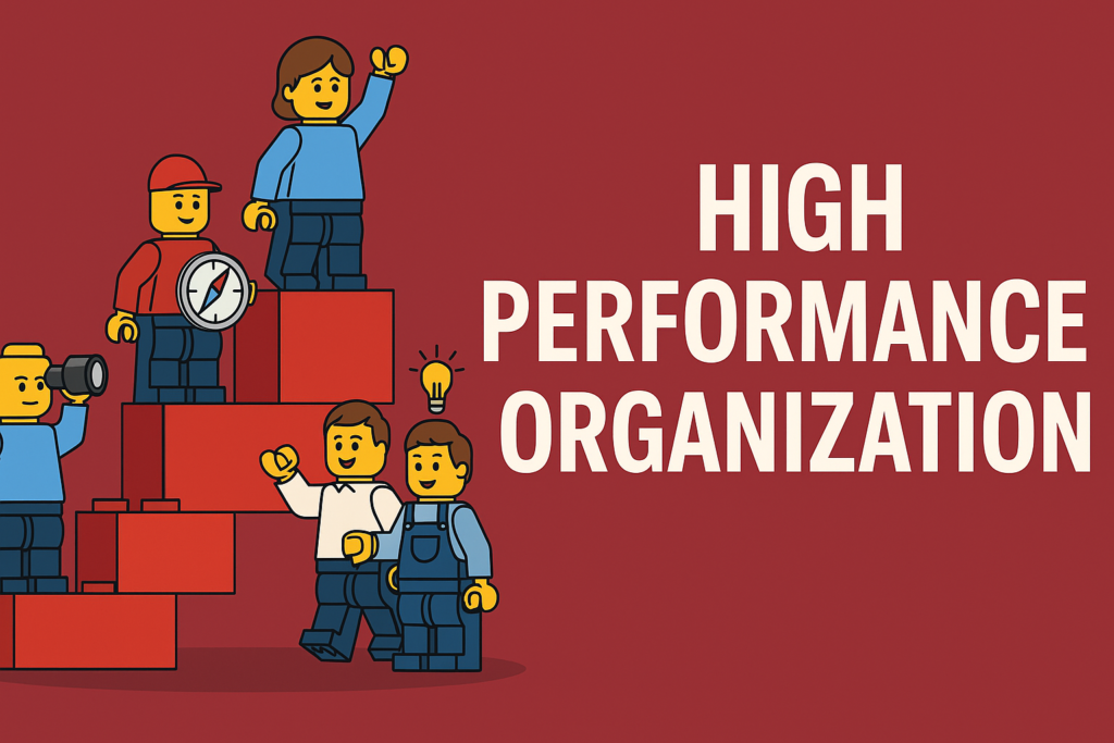 Build a High Performance Organization with BVC Asia, LEGO-style characters collaboratively building a red staircase representing growth and teamwork in a High Performance Organization (HPO)