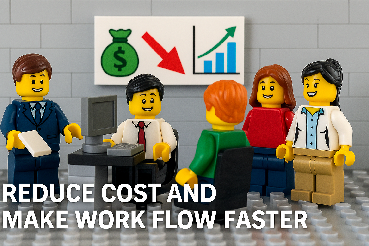 LEGO team discussing Lean management strategies to reduce cost and improve workflow efficiency, with charts showing cost savings and performance growth. his horizontal banner features five LEGO minifigures in a workplace setting simulating a Lean consulting workshop. They are reviewing strategies to reduce operational costs and accelerate workflow using Lean principles. A chart behind them highlights key performance indicators including a green money bag symbolizing savings, a red downward arrow for cost reduction, and a blue bar graph with an upward trend representing improved productivity. The scene visually represents teamwork, continuous improvement, and efficiency optimization in a fun and engaging way.