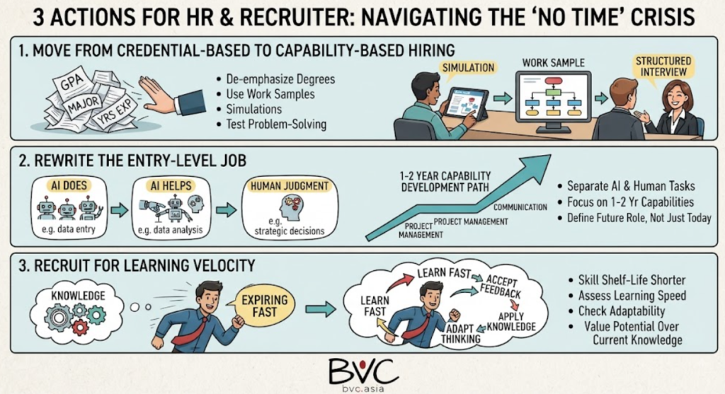 A detailed infographic titled "3 ACTIONS FOR HR & RECRUITER: NAVIGATING THE 'NO TIME' CRISIS," presented in a clean, modern, cartoon illustration style with three distinct horizontal panels. The overall color palette is professional, using blues, greens, reds, and yellows on a light textured background.

At the top center, the main title is prominently displayed: "3 ACTIONS FOR HR & RECRUITER: NAVIGATING THE 'NO TIME' CRISIS." Below the title, the BVC logo is centered, featuring the large black text "BVC" with a red dot above the "V," and the smaller text "bvc.asia" below.

The first panel, clearly labeled "1. MOVE FROM CREDENTIAL-BASED TO CAPABILITY-BASED HIRING," illustrates a shift in recruitment strategy. On the left, a hand is shown pushing aside a messy pile of crumpled papers labeled with traditional hiring shortcuts: "GPA," "MAJOR," and "YRS EXP" (Years of Experience). On the right, a new, interactive hiring process is shown. A candidate is actively engaged with a tablet, completing a "SIMULATION," presenting a tangible "WORK SAMPLE" (a flowchart diagram), and participating in a "STRUCTURED INTERVIEW" with a smiling HR manager. Text bullet points below summarize these actions: "De-emphasize Degrees," "Use Work Samples," "Simulations," and "Test Problem-Solving."

The second panel, titled "2. REWRITE THE ENTRY-LEVEL JOB," provides a visual guide for redefining job roles. A flowchart is split into three sections. The first, "AI DOES," features a robot icon performing data entry tasks. The second, "AI HELPS," shows a robot hand assisting with data analysis. The third, "HUMAN JUDGMENT," depicts a human head with gears and lightbulbs, signifying strategic decisions. Below this, a rising arrow diagram illustrates a "1-2 YEAR CAPABILITY DEVELOPMENT PATH," with milestones like "PROJECT MANAGEMENT" and "COMMUNICATION." Text bullet points summarize: "Separate AI & Human Tasks," "Focus on 1-2 Yr Capabilities," and "Define Future Role, Not Just Today."

The third panel, titled "3. RECRUIT FOR LEARNING VELOCITY," emphasizes the importance of adaptability. On the left, a candidate is running, and a thought bubble with gears labeled "KNOWLEDGE" is shown "EXPIRING FAST," indicating the short shelf-life of skills. On the right, the same candidate is shown with multiple arrows demonstrating a quick learning loop, with actions: "LEARN FAST," "ACCEPT FEEDBACK," "ADAPT THINKING," and "APPLY KNOWLEDGE" to new situations. Text bullet points summarize: "Skill Shelf-Life Shorter," "Assess Learning Speed," "Check Adaptability," and "Value Potential Over Current Knowledge."

The entire infographic serves as a strategic guide for HR professionals and recruiters, addressing the challenges of the modern talent market, the impact of AI, and the necessity of hiring for future capabilities rather than past credentials. The visual style is engaging, clear, and easy to understand, making complex HR concepts accessible.